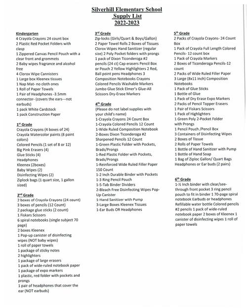 2022-23 Silverhill school supply list